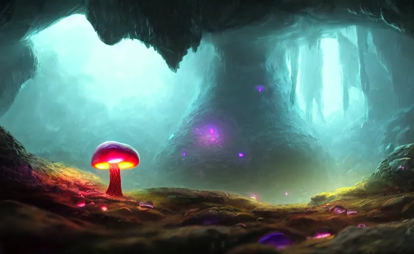 Prompt: a blurry ambient glowing mushroom in the distance of a giant cave, crystals, dynamic lighting, ambient lighting, atmospherical, photorealistic fantasy concept art, trending on art station, stunning visuals, creative, cinematic, ultra detailed