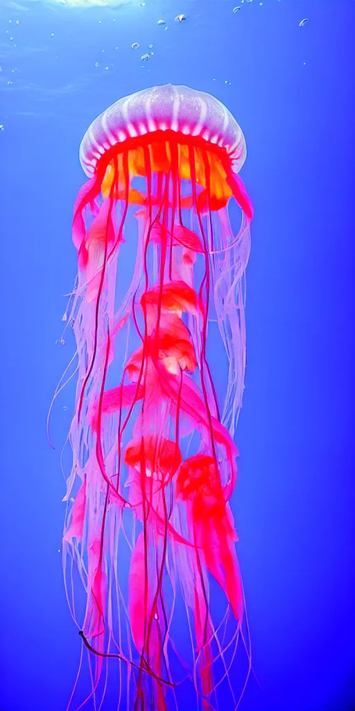 Image similar to a deep sea translucent bioluminescent jellyfish, purple and orange, hyperrealistic, extremely detailed, award winning underwater photograph