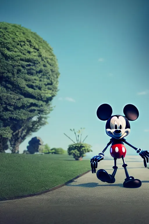 Image similar to a skeletal, botanical mickey mouse taking a giant robot for a walk by beeple, highly detailed, rendered in octane