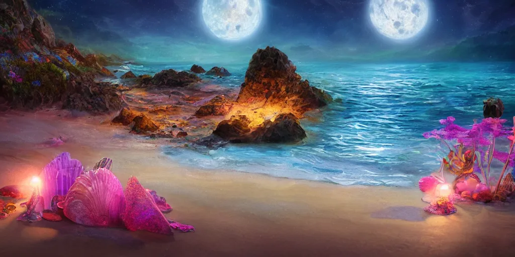 Image similar to a single glittering fairy beach cove at night full of crystals and magical glowing sea shells along the shore, a full moon, water and colorful flowers, extremely detailed oil painting, unreal 5 render, fantasy digital art, octane render, beautiful composition, trending on artstation, award-winning photograph, masterpiece