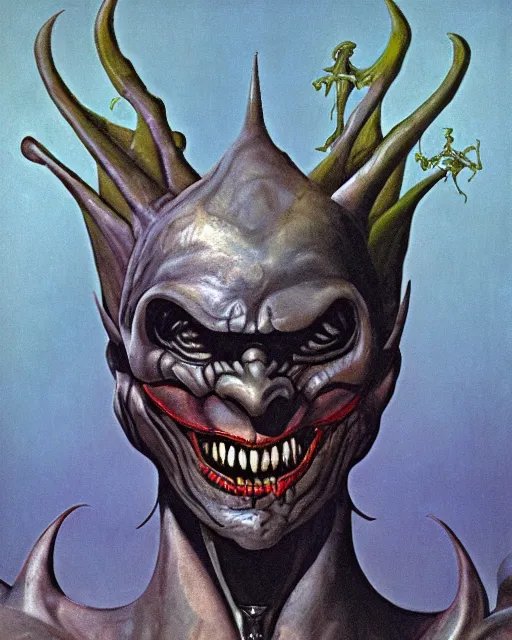 Image similar to male, dark jester by roger dean!!, by hr giger, hd, 8 k, highly detailed, sharpness