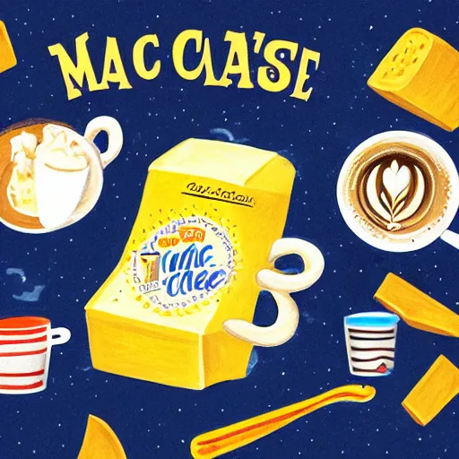 Prompt: a hand drawn disney illustration of a box of mac and cheese holding a cup of coffee