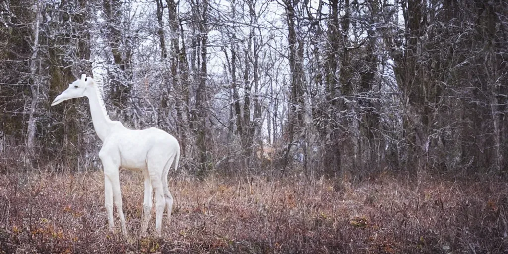 Image similar to a long maned spotless albino white giraffe elk walks alone thru an enchanted forest, majestic!!! beautiful!!!, ethereal!!!, loving, ultra realistic, winter, golden hour, volumetric lighting, sharp focus