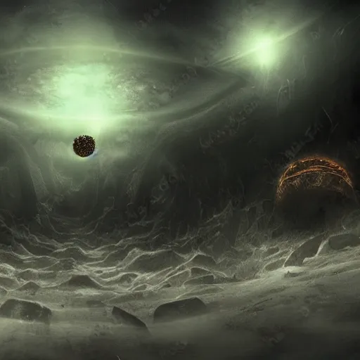 Image similar to Endless eerie abyss with stars and gigantic cosmic horror creatures floating far away, photorealistic