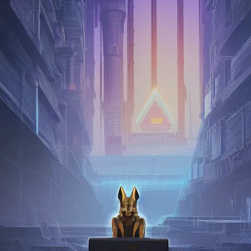 Image similar to cybernetic anubis egyptian wolf made of steel and gold in light armor, by ian pesty and alena aenami and makoto shinkai, concept art, matte painting, washed colors,