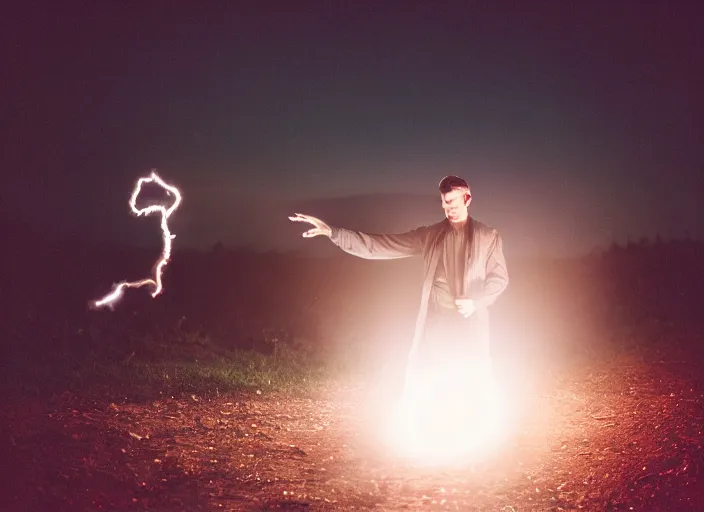 Image similar to a very good looking detailed sorcerer summons a blast of magic energy from their hand, on an empty moonlit hill, dramatic lighting, lens flare, 3 5 mm full frame professional photography, kodak ektar