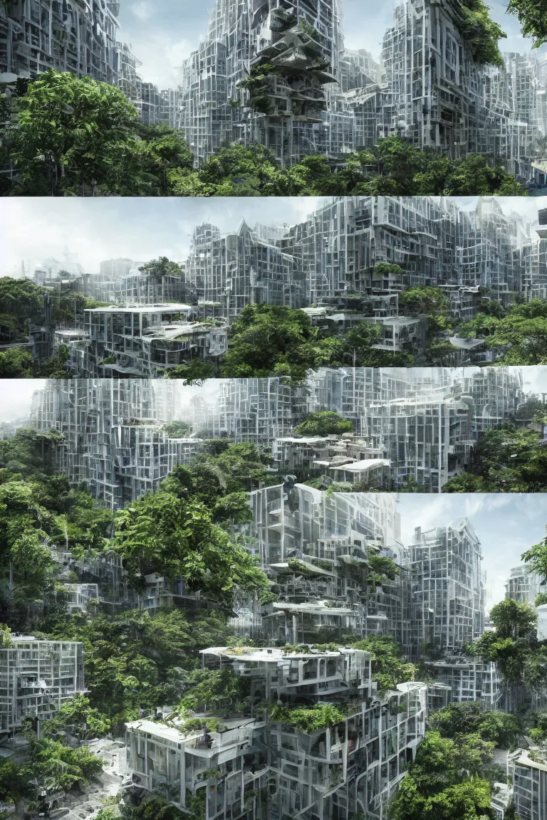 Image similar to 5 - panel comic page layout. crowd talking about sustainable futuristic building in a urban setting. ultrarealistic matte painting on white page. the building has many deep and tall balconies covered in plants and trees. thin random columns, large windows, deep overhangs. plants hang from balconies. greeble articulated details with plants. 8 k, uhd.