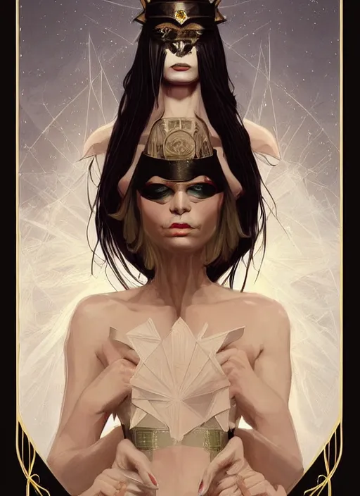 Image similar to tarot!!, high priestess, no noise, elegant, concept art, sharp focus, beautiful face!!, digital art, smooth defined outlines!!, human anatomy, human structure, vector background, dark fantasy, by Brom, trending on Artstation, Tom Bagshaw, Sargent