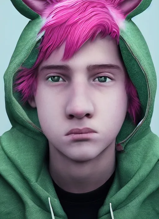 Image similar to a beautiful portrait of a cute teenage boy with pink hair and pink wolf ears and green eyes wearing a hoodie. artstation, pinterest, ambient occlusion, volumetric light, digital art, highly detailed, fine detail, complex fantasy character, rendered in octane