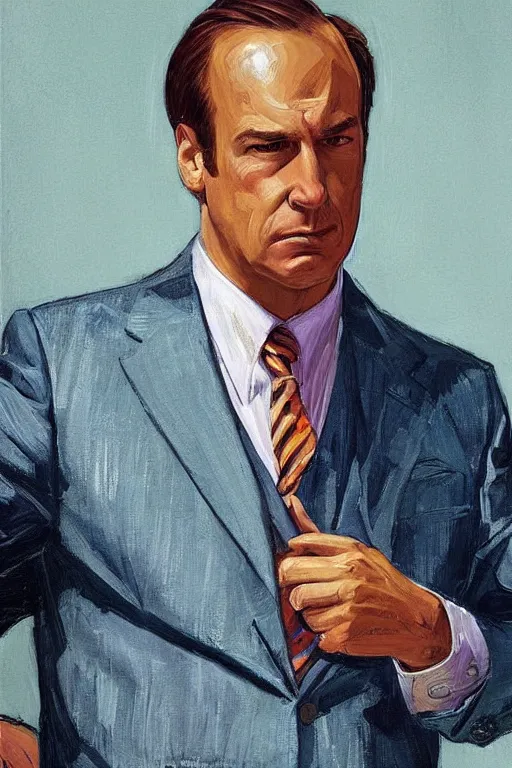 Image similar to saul goodman wearing colorful suit in courtroom, painting by jc leyendecker!!!, angular!!, brush strokes, painterly, vintage, crisp