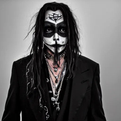 Image similar to portrait of johnny depp as a goth metal band member, half face mask, symmetrical, nikon 3 5 mm photography, ultrarealistic