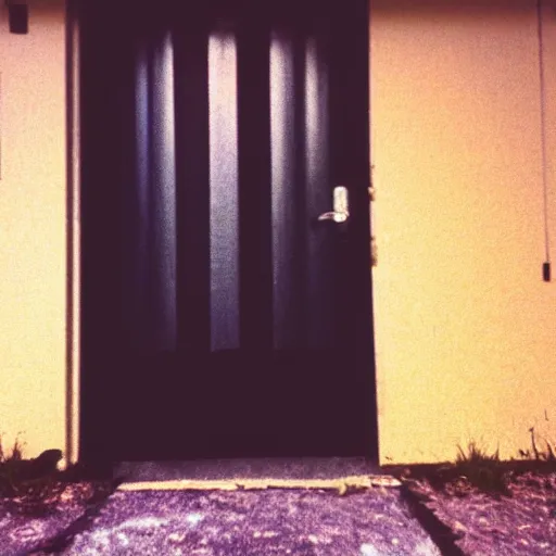 Prompt: low angle wide shot of the door, door is slightly open, the darkness behind it, with multiple white and yellow eyes glowing, eyes gleaming, eyes shining in the dark ominously, sunset, polaroid photo, by Warhol,