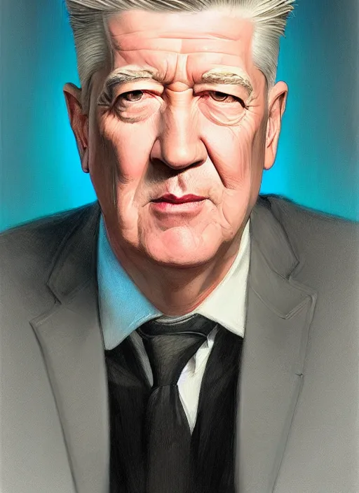 Image similar to portrait of david lynch, highly detailed, centered, solid color background, digital painting, artstation, concept art, smooth, sharp focus, illustration, artgerm, donato giancola, joseph christian leyendecker, les edwards, ed repka, wlop, artgerm