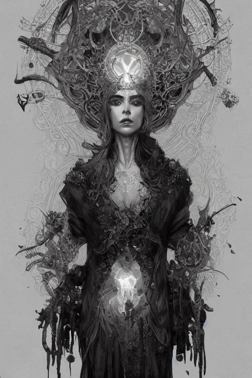 Image similar to A full portrait of a beautiful terrible dystopian boneyard nordic necromancer sorcerer enchanter, intricate, elegant, highly detailed, digital painting, artstation, concept art, smooth, sharp focus, illustration, art by Krenz Cushart and Artem Demura and alphonse mucha