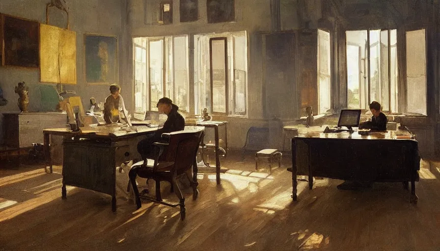 Prompt: painting of work table at a 20 century office, by Peder Krøyer, dramatic lighting, volumetric lighting, golden hour, epic, intricate detail, canvas print