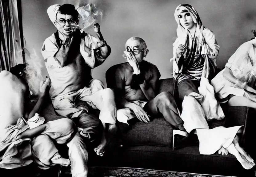 Image similar to smoke session for the ages: Gandhi , Obama, Jesus, And Lady GaGa smoking a fat blunt on a sofa by Andy Warhol, photograph