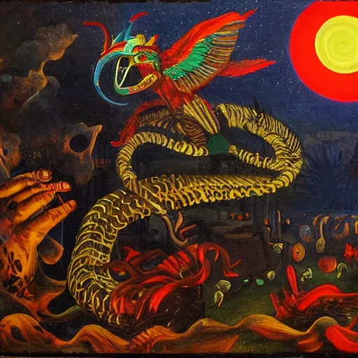 Image similar to high quality, high detail painting, dutch masterpiece, fluxus, blu, film noir, william s burroughs, high garden scene with quetzalcoatl at night, hd, muted lighting