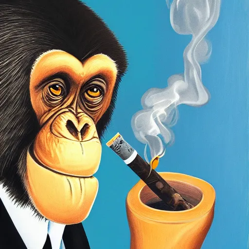 Image similar to a high detail portrait of a chimp wearing a suit 👔,and smoking🚬