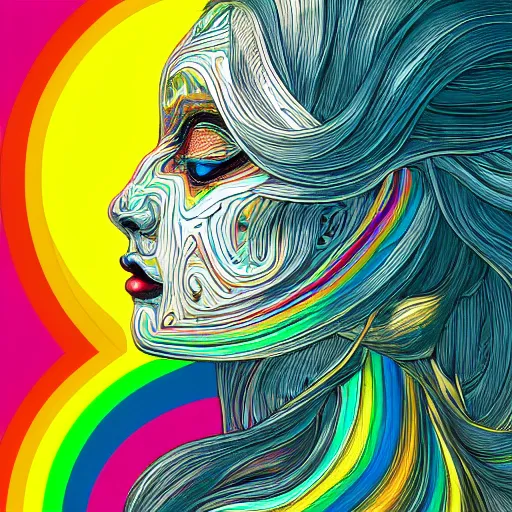 Prompt: the head of a beautiful woman partially made of rainbows, an ultrafine detailed illustration by james jean, final fantasy, intricate linework, bright colors, behance contest winner, vanitas, angular, altermodern, unreal engine 5 highly rendered, global illumination, radiant light, detailed and intricate environment