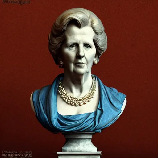 Image similar to beautiful lifelike award winning marble statue bust of margaret thatcher trending on art station artgerm greg rutkowski alphonse mucha museum quality cinematic atmospheric