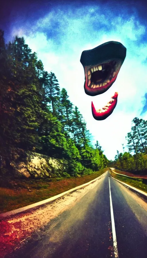 Image similar to phone photo of a giant mouth open on an asphalt road, realistic photo, gopro, looming, colorful, eerie