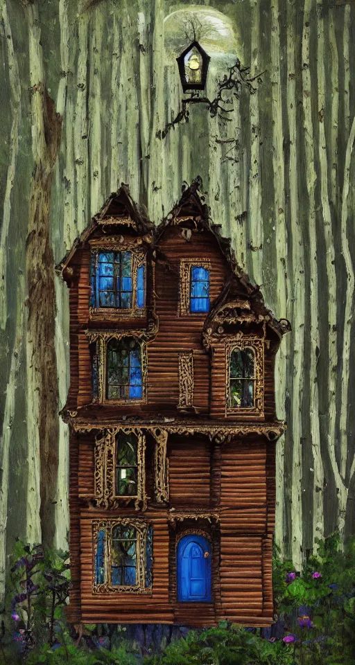 Image similar to victorian house made of wood in a dark forest with obsidian trees and Opal flowers, jade, lapis, eerie, painting