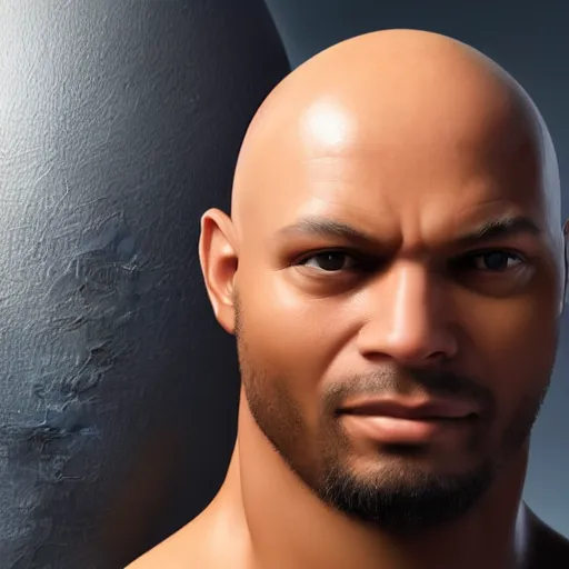 Image similar to a close up of a person with a bald head, a character portrait by Pogus Caesar, cgsociety, afrofuturism, rendered in unreal engine, unreal engine 5, unreal engine,