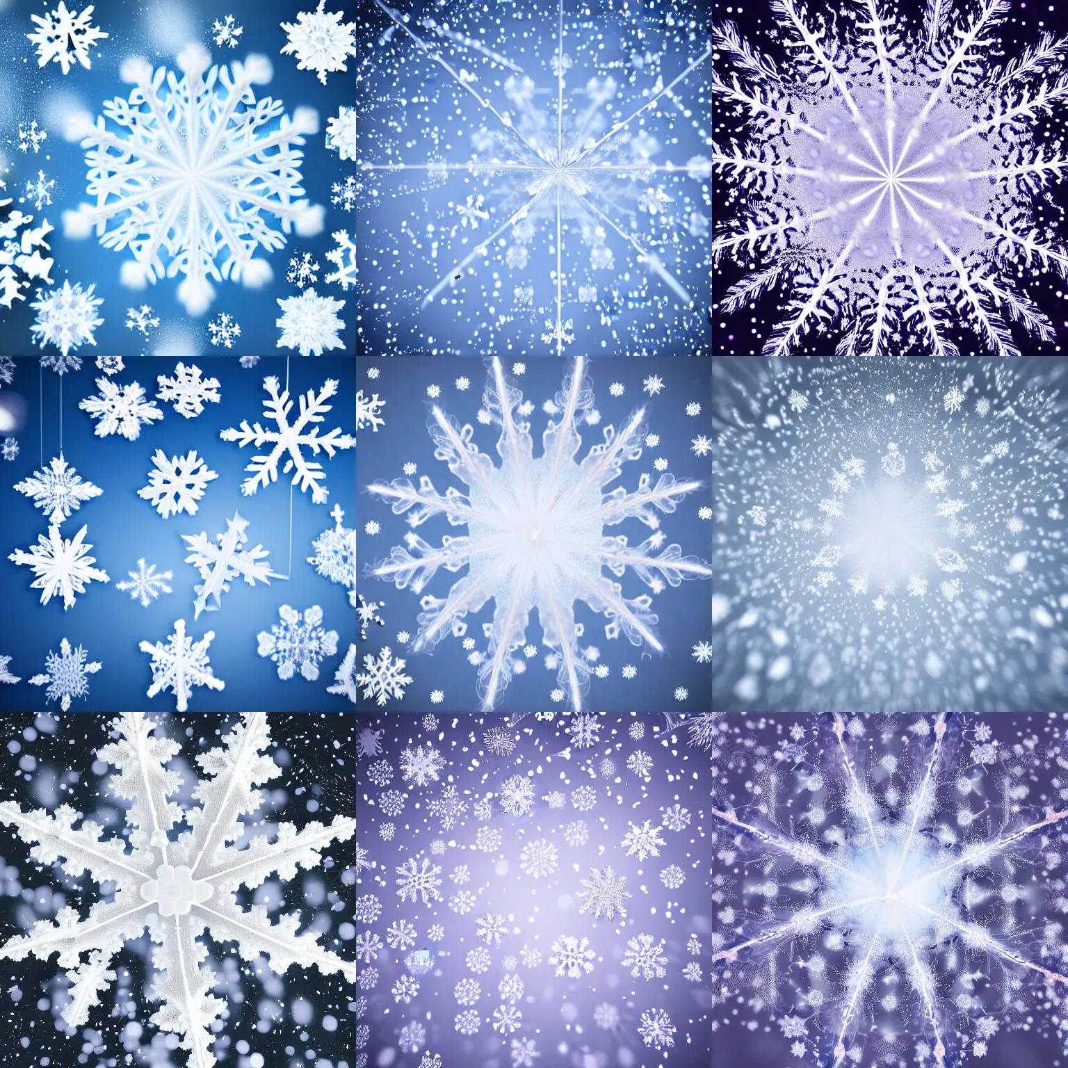 Prompt: surreal photography falling silk snowflakes. tiny faces in the middle of the snowflakes. volumetric render