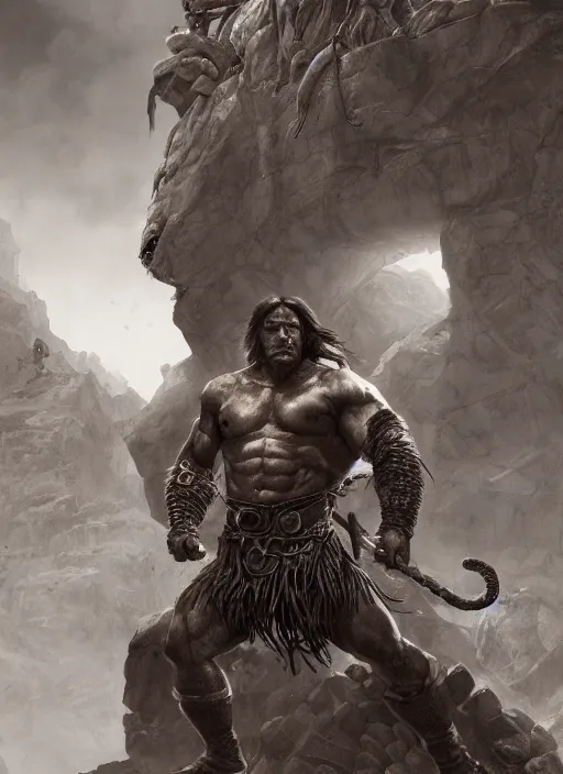 Image similar to portrait, conan the barbarian fighting a anakonda snake, Dynamic lighting, cinematic, establishing shot, extremely high detail, photo realistic, cinematic lighting, pen and ink, intricate line drawings, post processed, concept art, artstation, matte painting, style by Raphael Lacoste, Eddie Mendoza