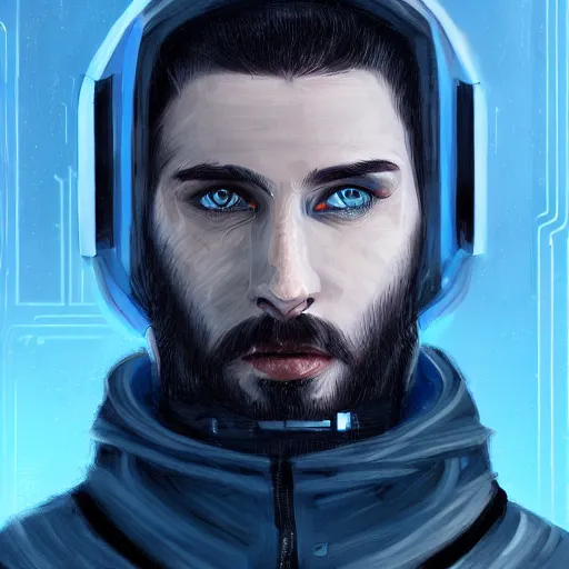 Prompt: a portrait of an ultradetailed futuristic male cyberpunk waring a hoodie, bearded, deep blue eyes, by dylan kowalski, 8 k, digital painting