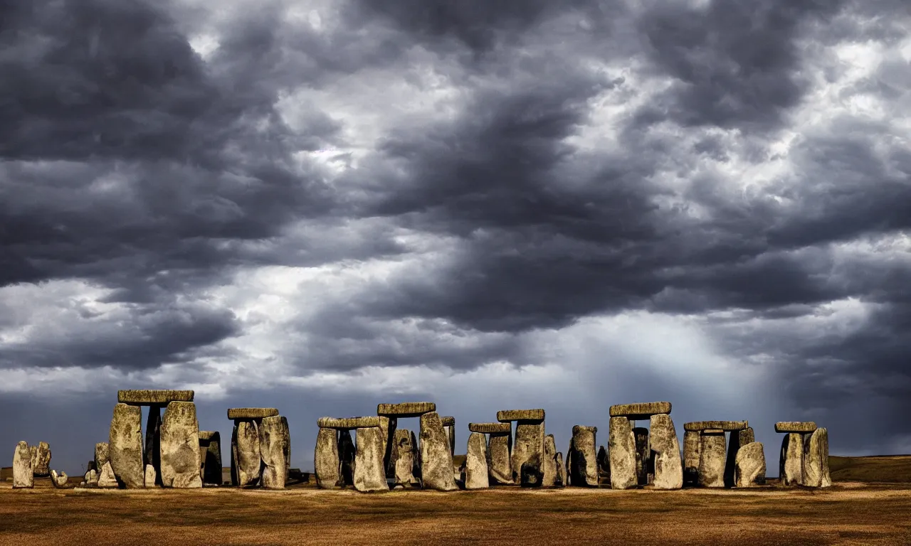 Prompt: stonehenge in desert, thunderstorms and lighting, dramatic sky, photorealism, national geogarphic, insane details, artstation, 4 k