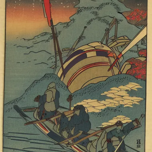 Image similar to imperial japan propaganda, colored woodblock print, meiji period, mizuno toshikata style, space marines, winter landscape