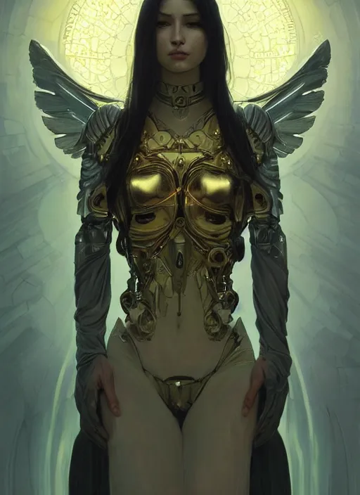 Prompt: Cybernetic angel, fantasy, extremely detailed, digital painting, artstation, concept art, smooth, sharp focus, illustration, stunning lighting, art by artgerm and greg rutkowski and alphonse mucha and simon stalenhag, realistic character concept, high fantasy, dark atmosphere, golden ratio, cinematic lighting, hyperdetailed, high resolution, insanely detailed and intricate, artstation, Marc Simonetti, Greg Rutkowski, 8k