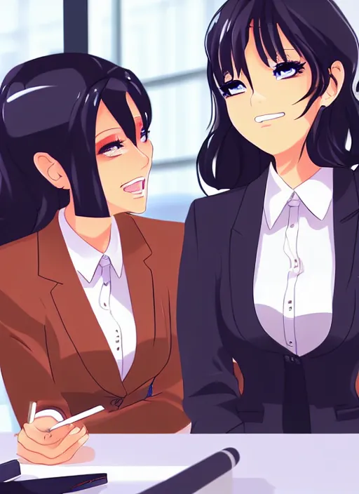 Image similar to two beautiful office ladies talking at work, gorgeous faces, thick lines, cinematic lighting, detailed anime art