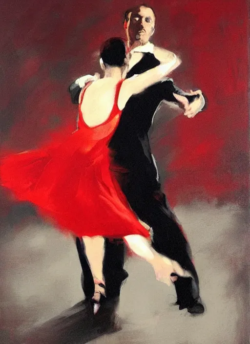 Image similar to tango dancers in red dress and black suit, painting by phil hale, fransico goya,'action lines '!!!, graphic style, visible brushstrokes, motion blur, blurry, visible paint texture, crisp hd image