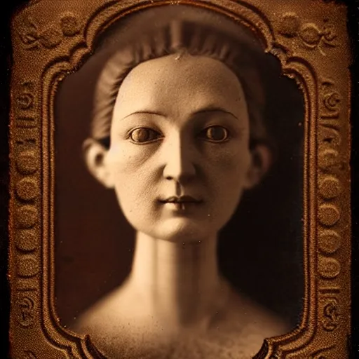 Image similar to tintype vintage photograph medium shot portrait of a beautiful female jointed handmade wooden art doll, made of wood!!!!!, by agostino arrivabene, by fernand khnopff, volumetic lighting, rendered in octane, photography, photorealistic, detailed