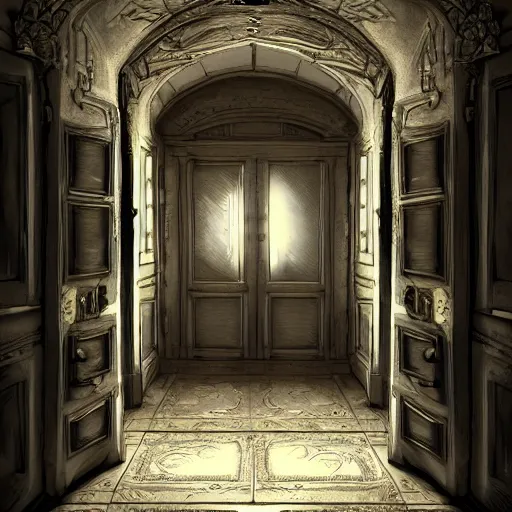 Image similar to a room with 1 0 0 doors with latches, concept art, trending on artstation, highly detailed, intricate, sharp focus, digital art, 8 k