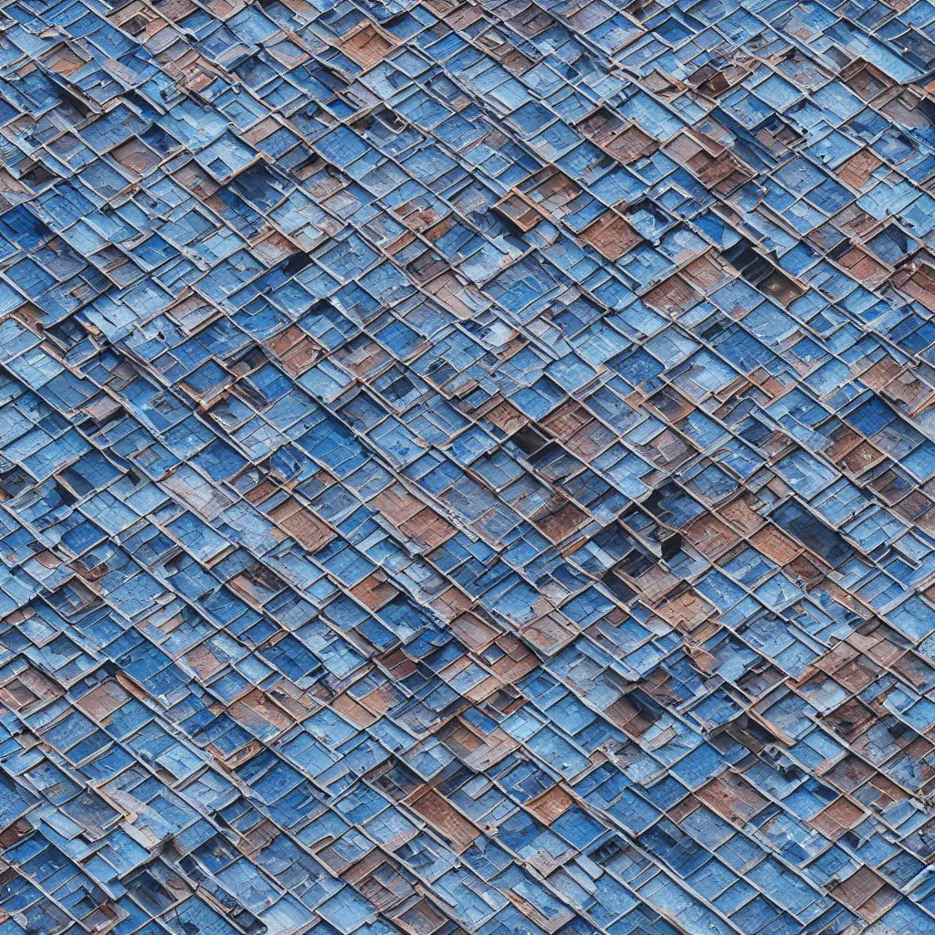 Prompt: photorealistic bird's eye view of single blue rooftop building, seamless texture of bricks on top of roof, 8k