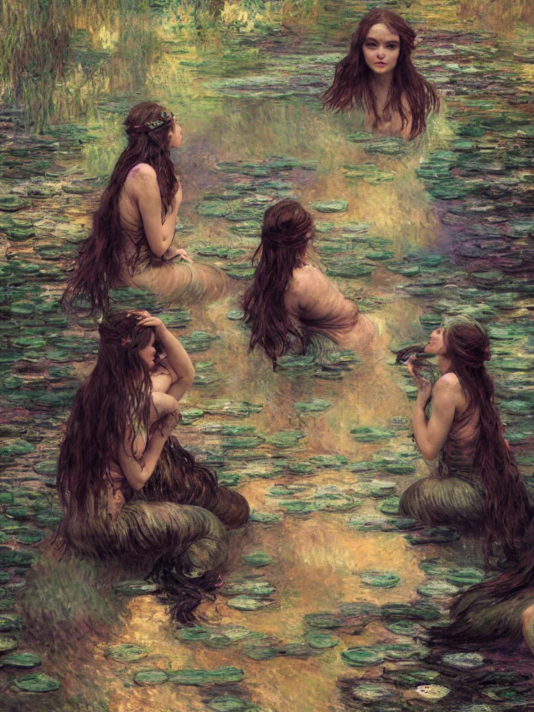 Image similar to illustration studio portrait of three dark beautiful mermaids female energy in artistic poses in the river at the forest, monet painterly motives and textures pattern, hyper detailed, octane render, vivid colors, artstation, by jeremy mann, by alphonse mucha, by monet