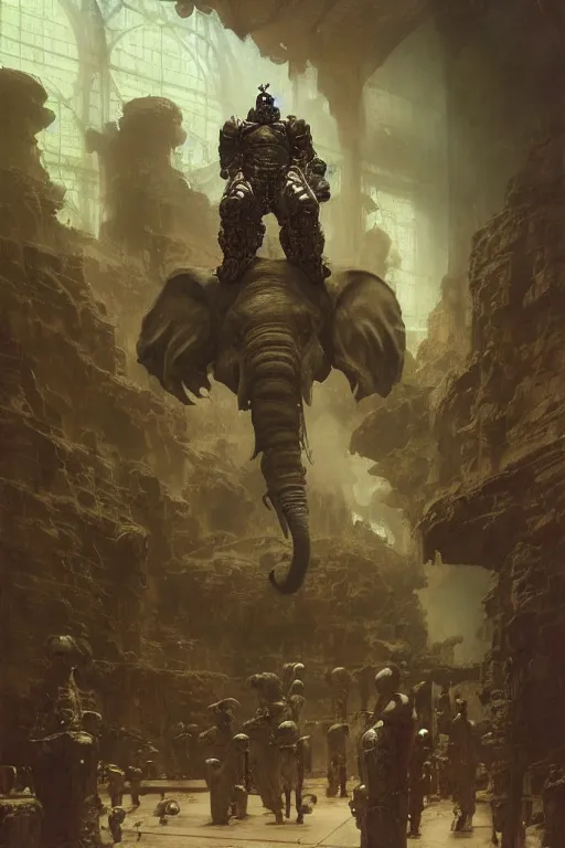 Image similar to scientists in a laboratory observe an elephantine extraterrestrial wearing armour, painted by ruan jia, raymond swanland, lawrence alma tadema, zdzislaw beksinski, norman rockwell, jack kirby, tom lovell, alex malveda, greg staples