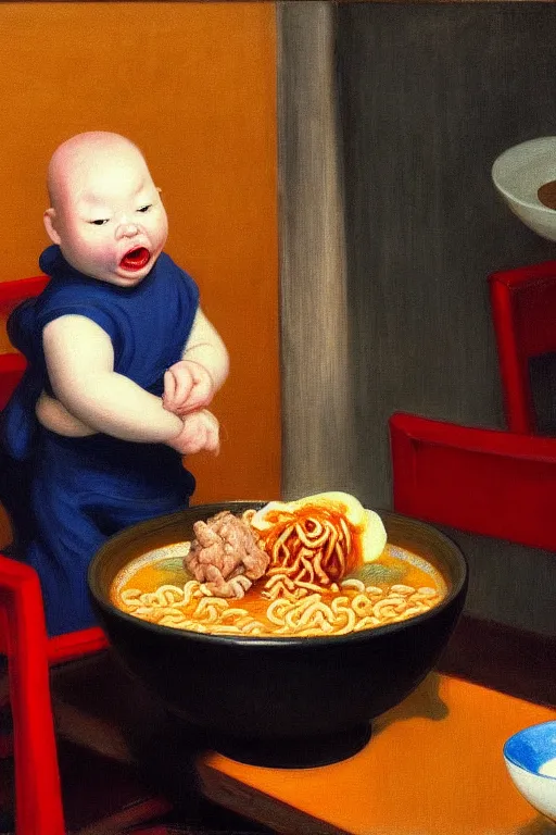 Image similar to evil and angry human giant baby eating a huge bowl of ramen in new york city, traditional chinese restaurant, hauntingly surreal, highly detailed painting by francis bacon, edward hopper, adrian ghenie, gerhard richter, and james jean soft light 4 k,