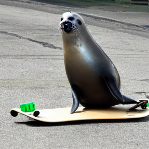 Prompt: a seal riding a skateboard