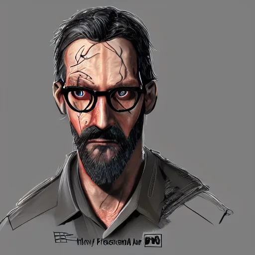 Image similar to Gordon Freeman from Half-Life, gritty, highly detailed, trending on ArtStation