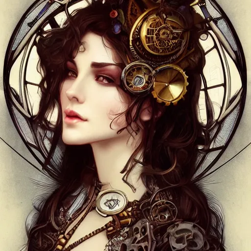 Prompt: a photograpic portrait of a pretty woman, steampunk, fantasy, intricate, elegant, highly detailed, digital painting, artstation, concept art, smooth, sharp focus, illustration, art by artgerm and h r giger and alphonse mucha