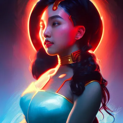 Image similar to kathlyn bernardo as darna, volumetric lights, red and cyan theme, art nouveau botanicals, intricate, highly detailed, digital painting, artstation, concept art, smooth, sharp focus, cinematic, illustration, beautiful face, art by artgerm and greg rutkowski and alphonse mucha