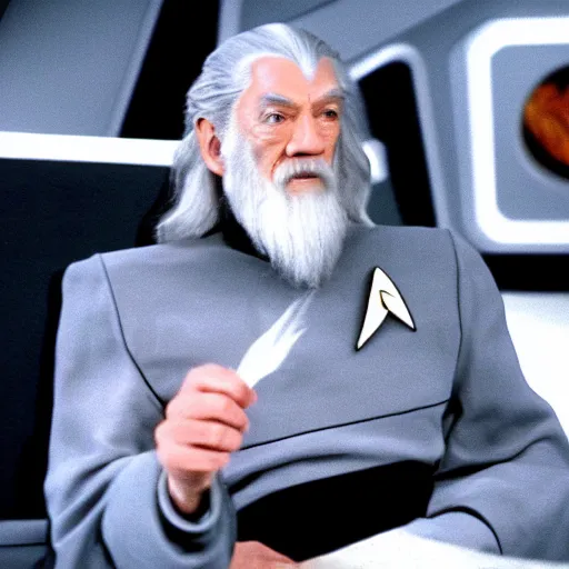 Prompt: Gandalf the Grey in Grey Star Trek uniform, sitting in the Captain's chair on the Bridge of the Enterprise, still photo from the tv show Star Trek: the Next Generation