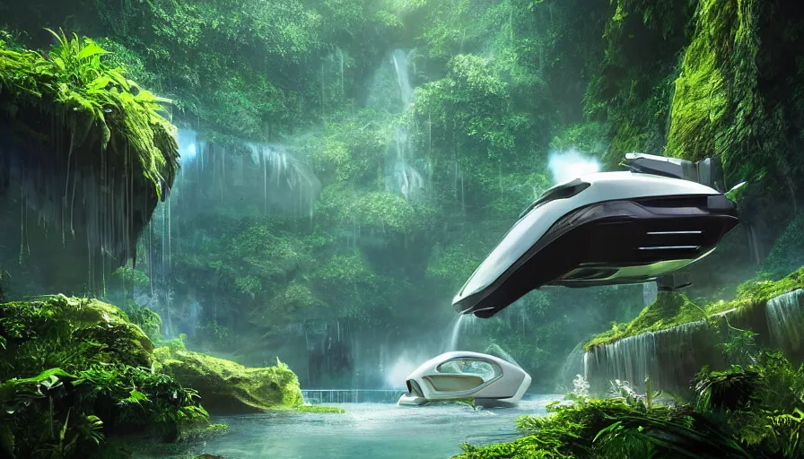 Image similar to a distant futuristic scifi flying car floating in a prehistoric jungle cave, lush flora, waterfall, sunset, hazy, volumetric lighting, rtx on, photorealistic render, great composition, very detailed