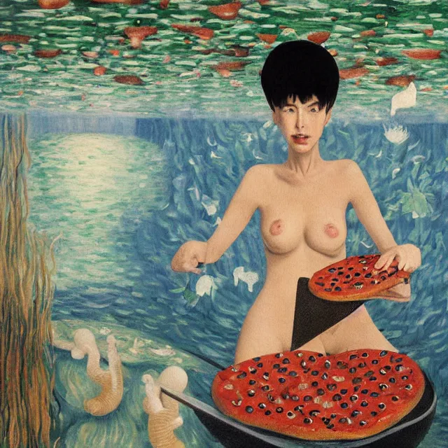 Prompt: tall female catgirl artist holding pizza in her flooded apartment, pomegranates, octopus, water gushing from ceiling, painting of flood waters inside an artist's apartment, a river flooding indoors, mushrooms, ikebana, zen, rapids, waterfall, black swans, canoe, berries, acrylic on canvas, surrealist, by magritte and monet