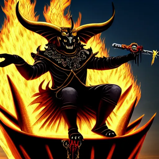 Image similar to demon sitting in his throne holding a golden sword with ravens flying around while the dragon breathes fire