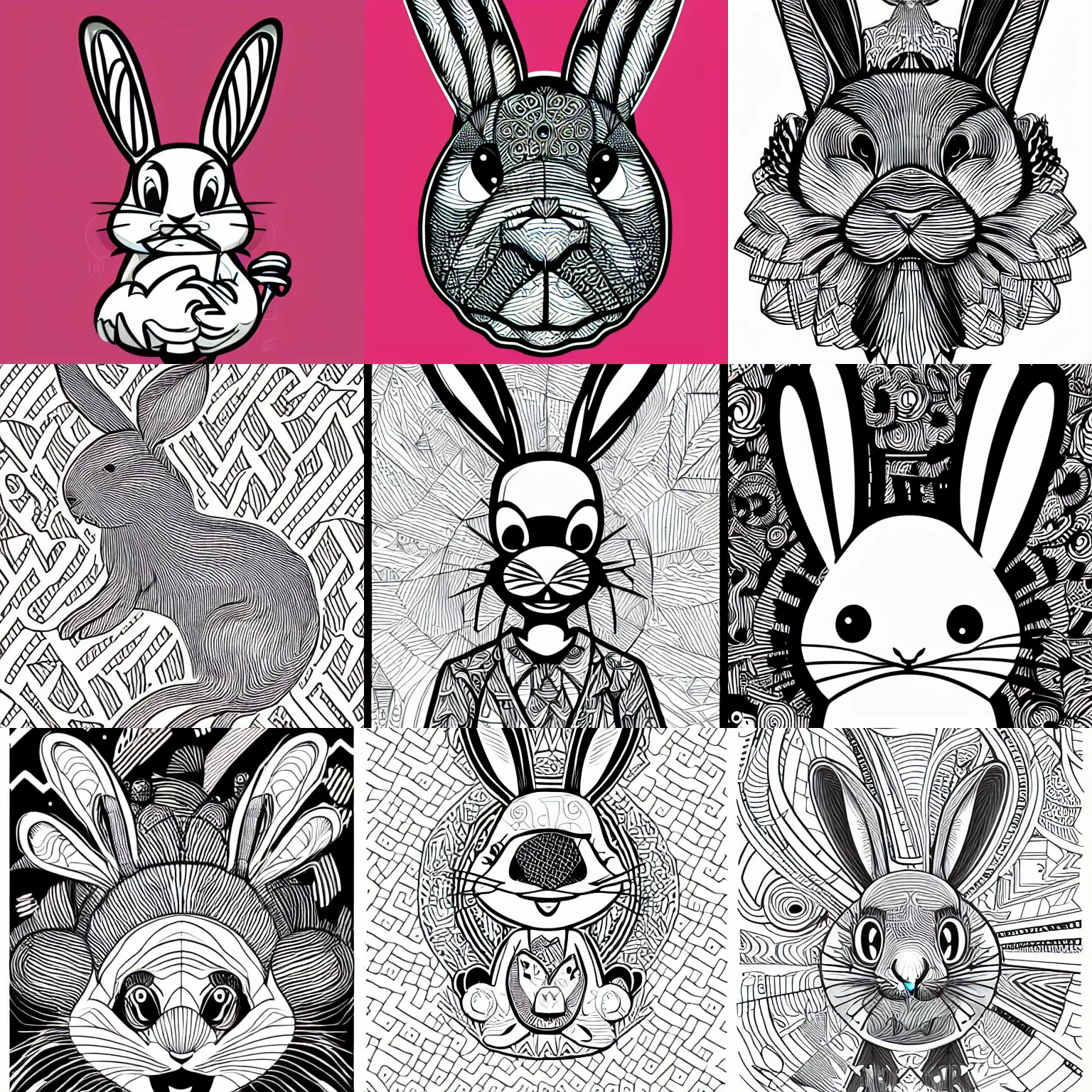Prompt: line art crazy rabbit vector illustration, bold lines, svg, sharp focus, mcbess, behance, devianart, artstation, dribble, creary, ello, cgsociety, drawcrowd, pixiv, concept art world, our art corner, newgrounds, doodle addicts, penup